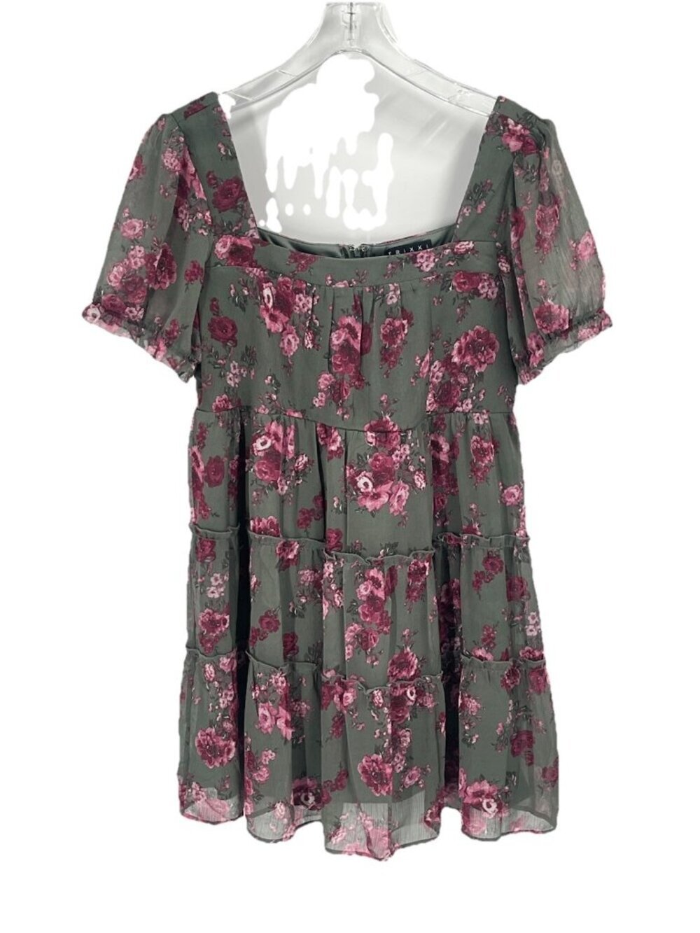 Trixxi Dark Floral Puff Sleeve Sheer Square Neck Dress Sz XL Coquette Y2K Fairy